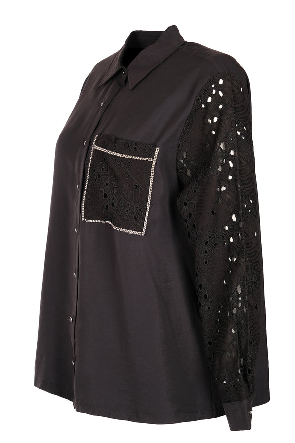 Vedi-bb Oversize Dantel Detaylı Uzun Kol Kadın Gömlek - Minimalist Stil