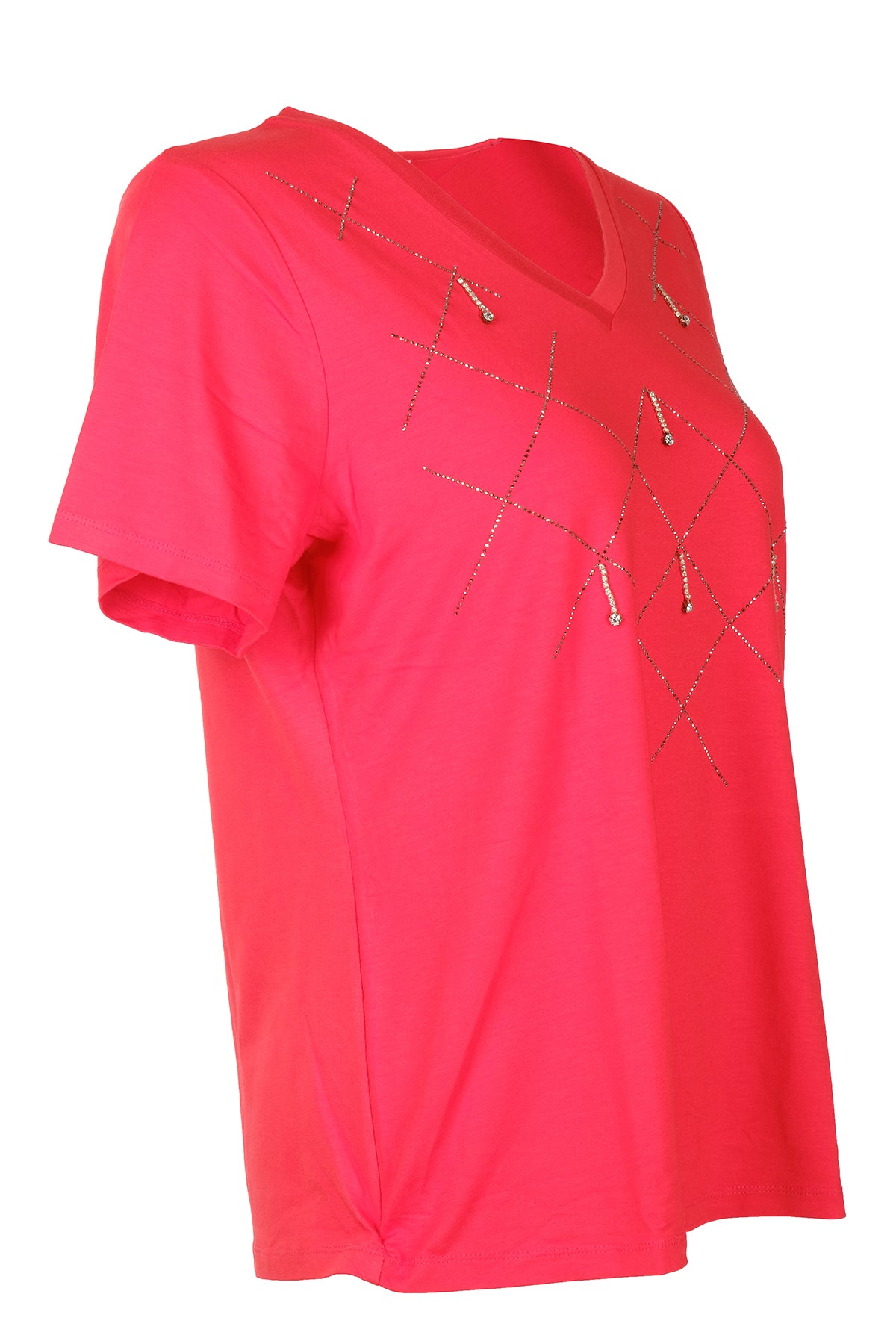 Vedi-bb Minimalist V Yaka Taş Detaylı Kadın T-Shirt - Kısa Kol