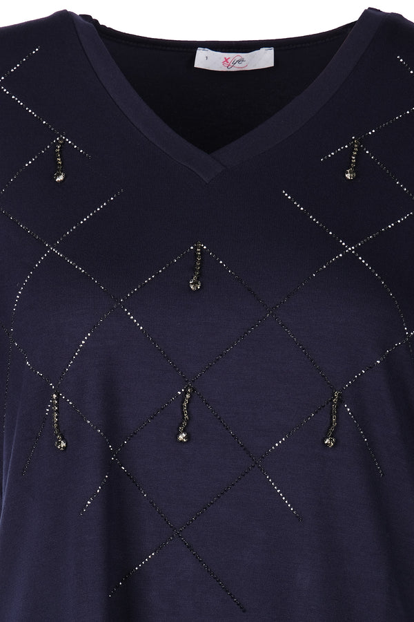 Vedi-bb Minimalist V Yaka Taş Detaylı Kadın T-Shirt - Kısa Kol