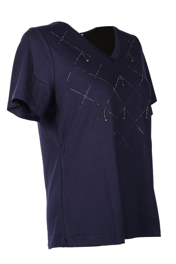 Vedi-bb Minimalist V Yaka Taş Detaylı Kadın T-Shirt - Kısa Kol