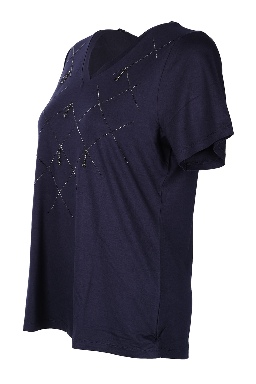 Vedi-bb Minimalist V Yaka Taş Detaylı Kadın T-Shirt - Kısa Kol