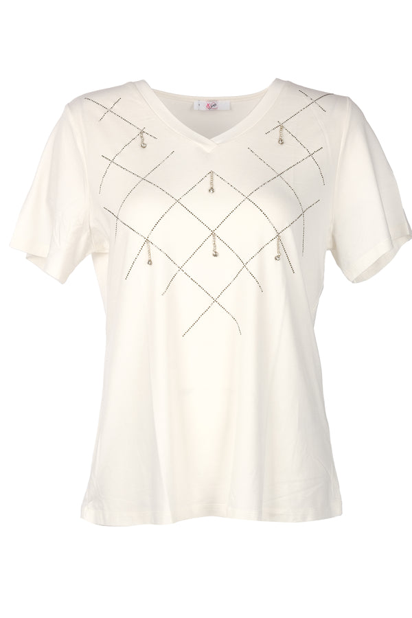 Vedi-bb Minimalist V Yaka Taş Detaylı Kadın T-Shirt - Kısa Kol