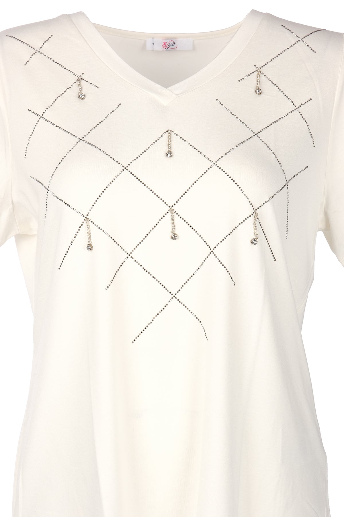 Vedi-bb Minimalist V Yaka Taş Detaylı Kadın T-Shirt - Kısa Kol