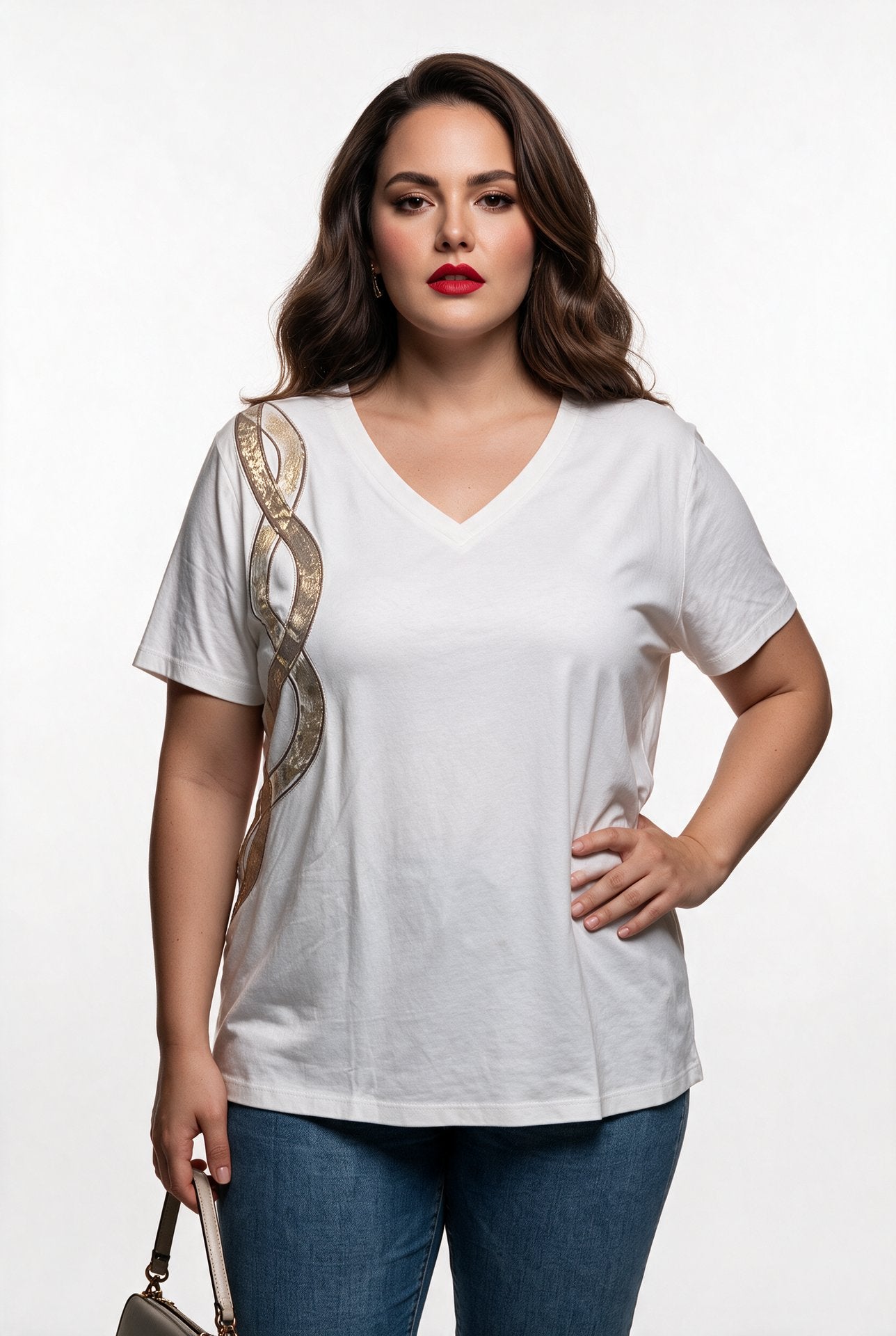 Vedi-bb Kadın V Yaka Pamuklu T-Shirt Metalik Şerit Detaylı Standart Kalıp 25YXD5076 İkincil görsel