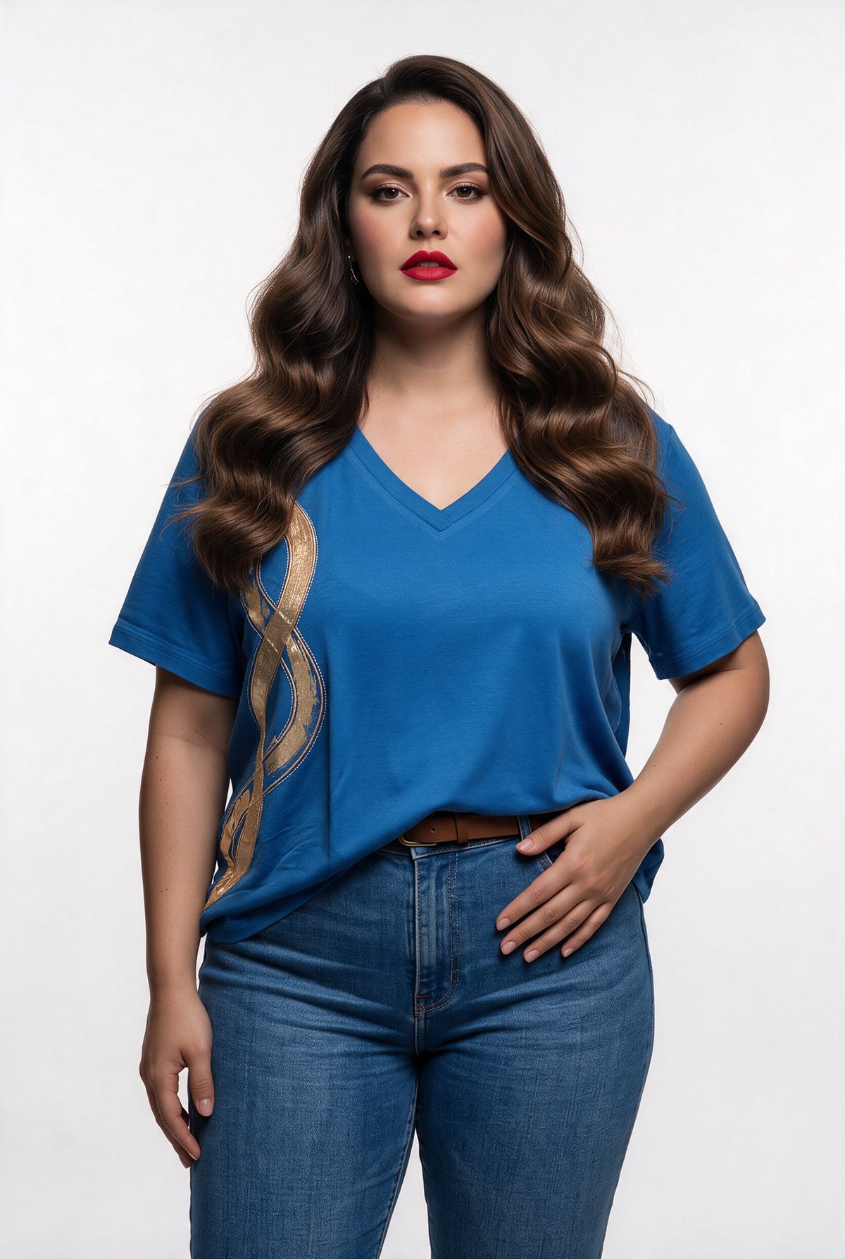 Vedi-bb Kadın V Yaka Pamuklu T-Shirt Metalik Şerit Detaylı Standart Kalıp 25YXD5076 Ana görsel