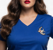 Vedi-bb Kadın Büyük Beden V Yaka Kısa Kol Pamuklu Kuş İşlemeli T-Shirt