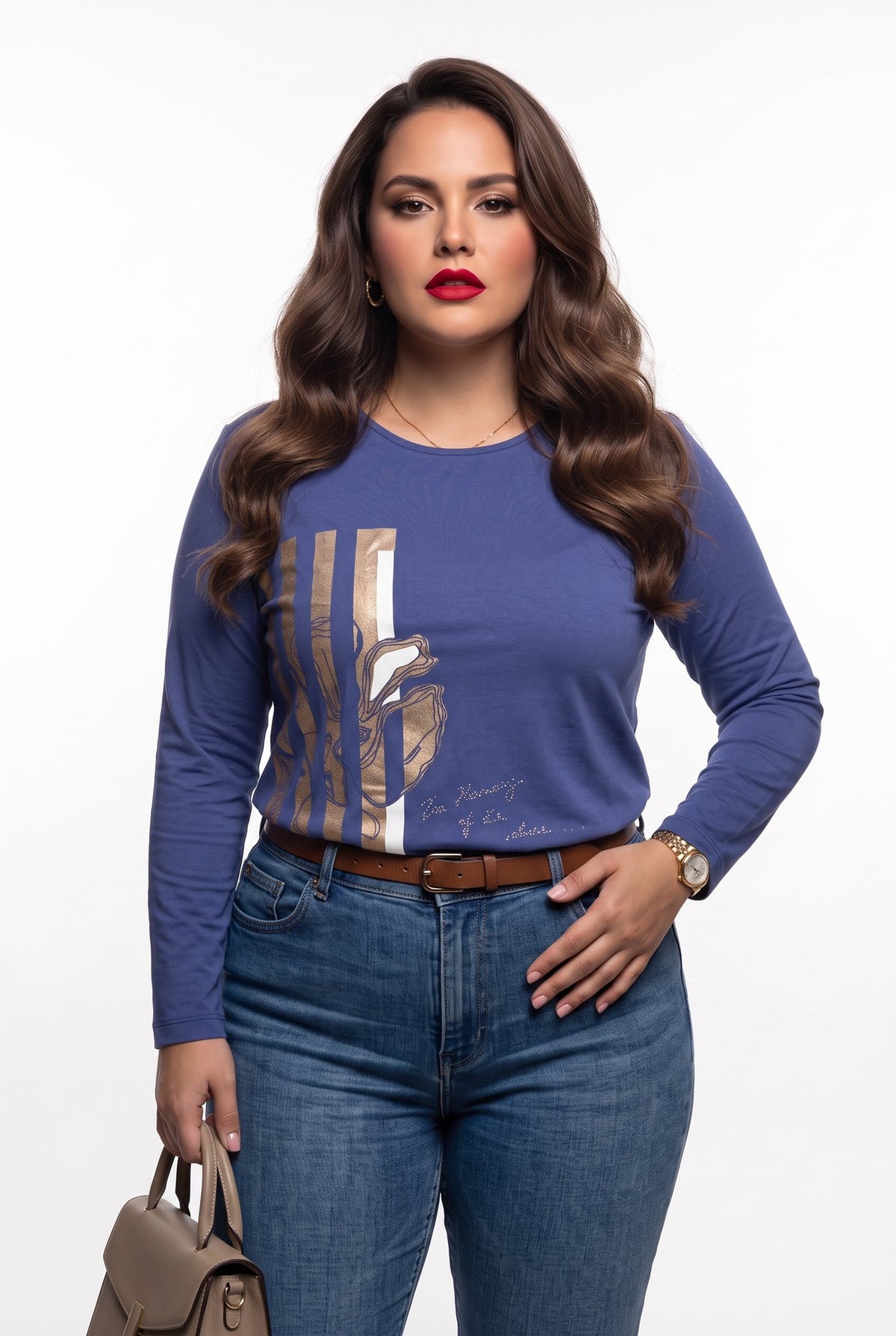 Vedi-bb Kadın Büyük Beden Bisiklet Yaka Uzun Kollu Baskılı T-Shirt 26XY7304 Ana görsel