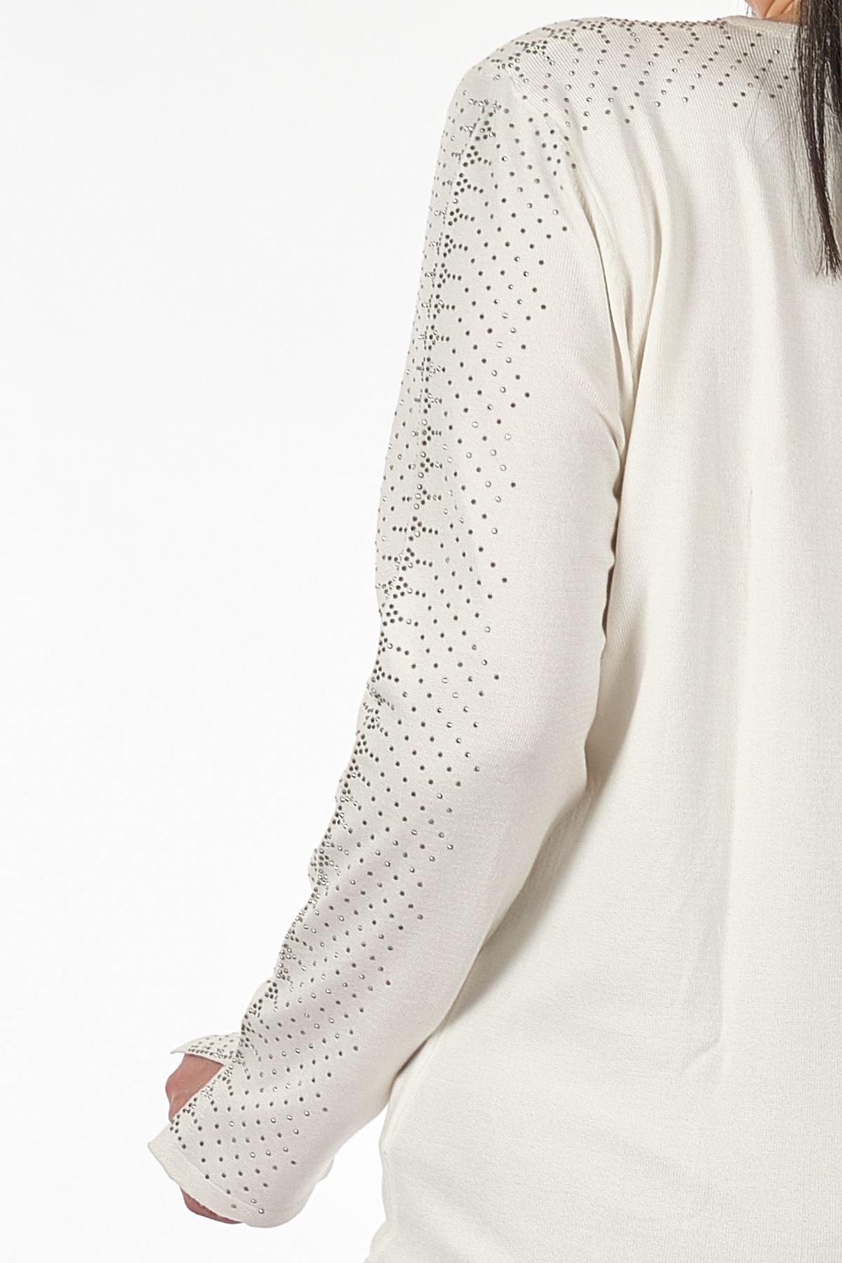 Vedi-bb Minimalist Taş Detaylı Uzun Kol V Yaka Kadın Triko