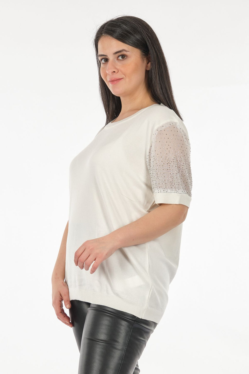 Vedi-bb Oversize Kısa Kol Taş Detaylı Minimalist Kadın Triko