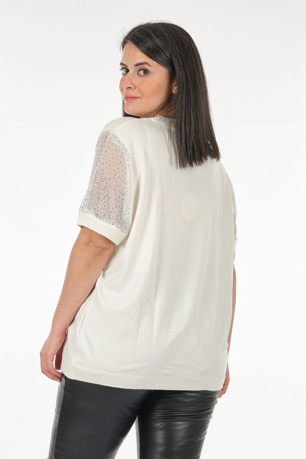 Vedi-bb Oversize Kısa Kol Taş Detaylı Minimalist Kadın Triko
