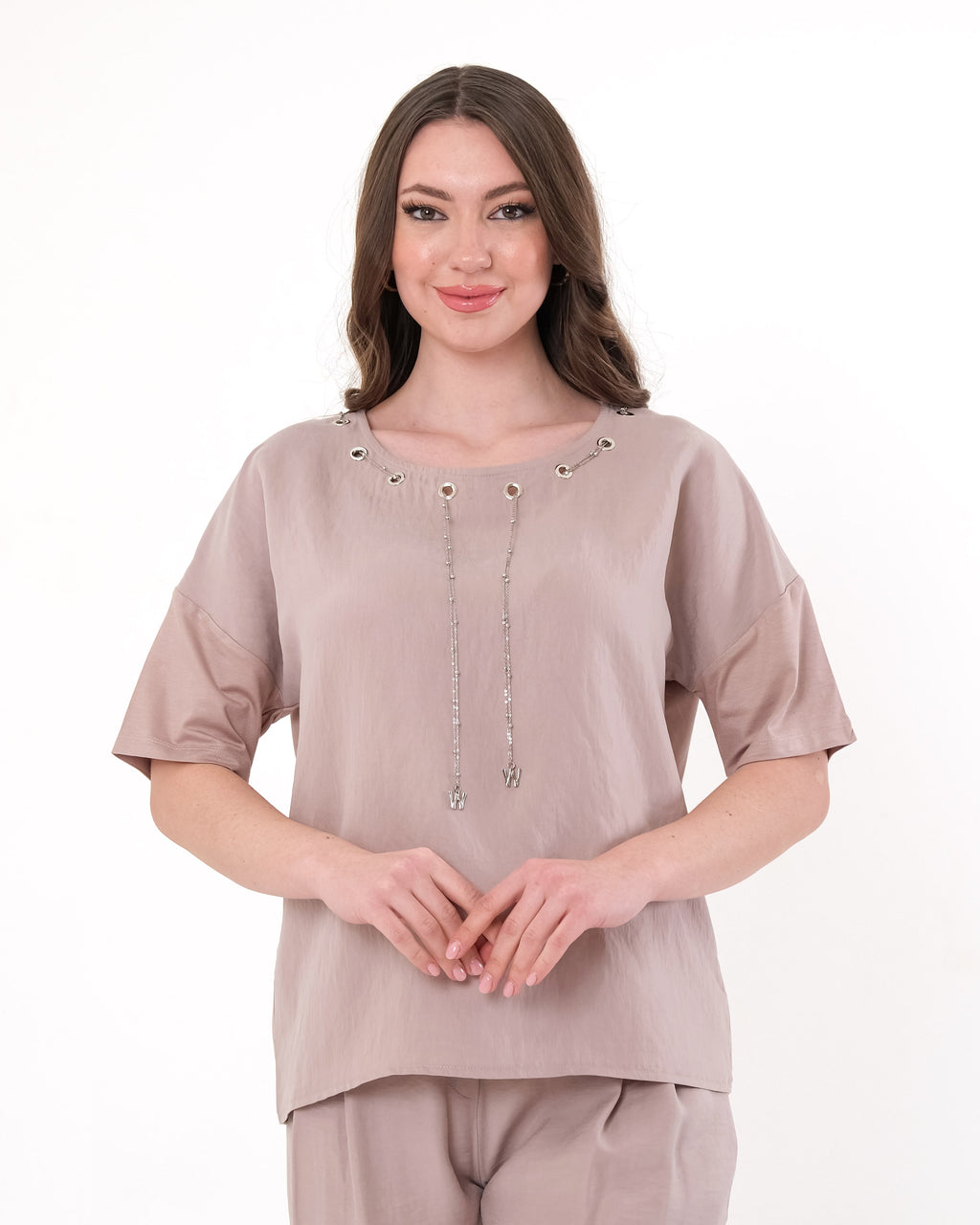 Vedi Oversize Minimalist Kısa Kol Kadın Bluz - Günlük Kombinler İçin