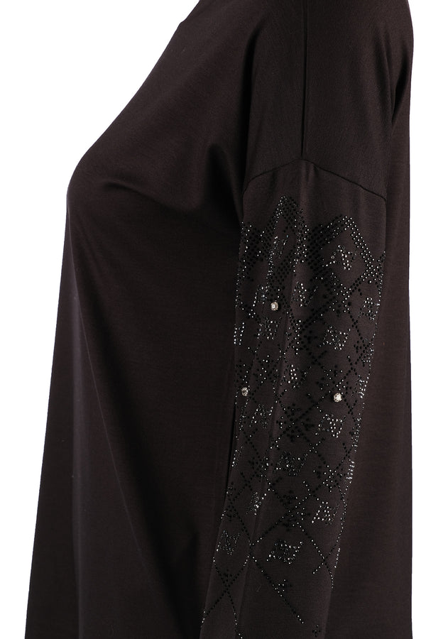 Vedi Oversize Minimalist Kadın Bluz - Uzun Kol - Taş Detaylı