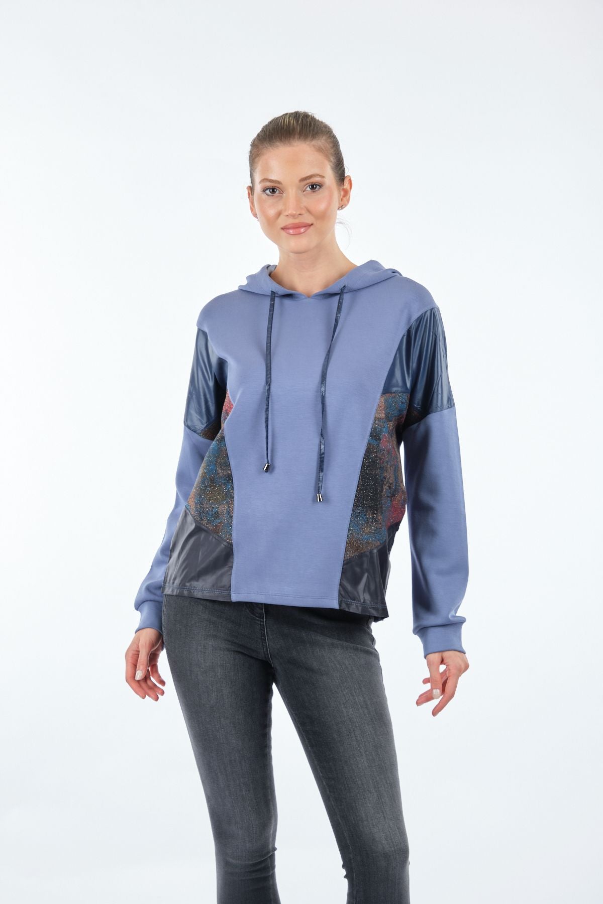Vedi Oversize Kapüşonlu Kadın Sweatshirt - Deri Detaylı Günlük Translation missing: ar.content.product_image_main