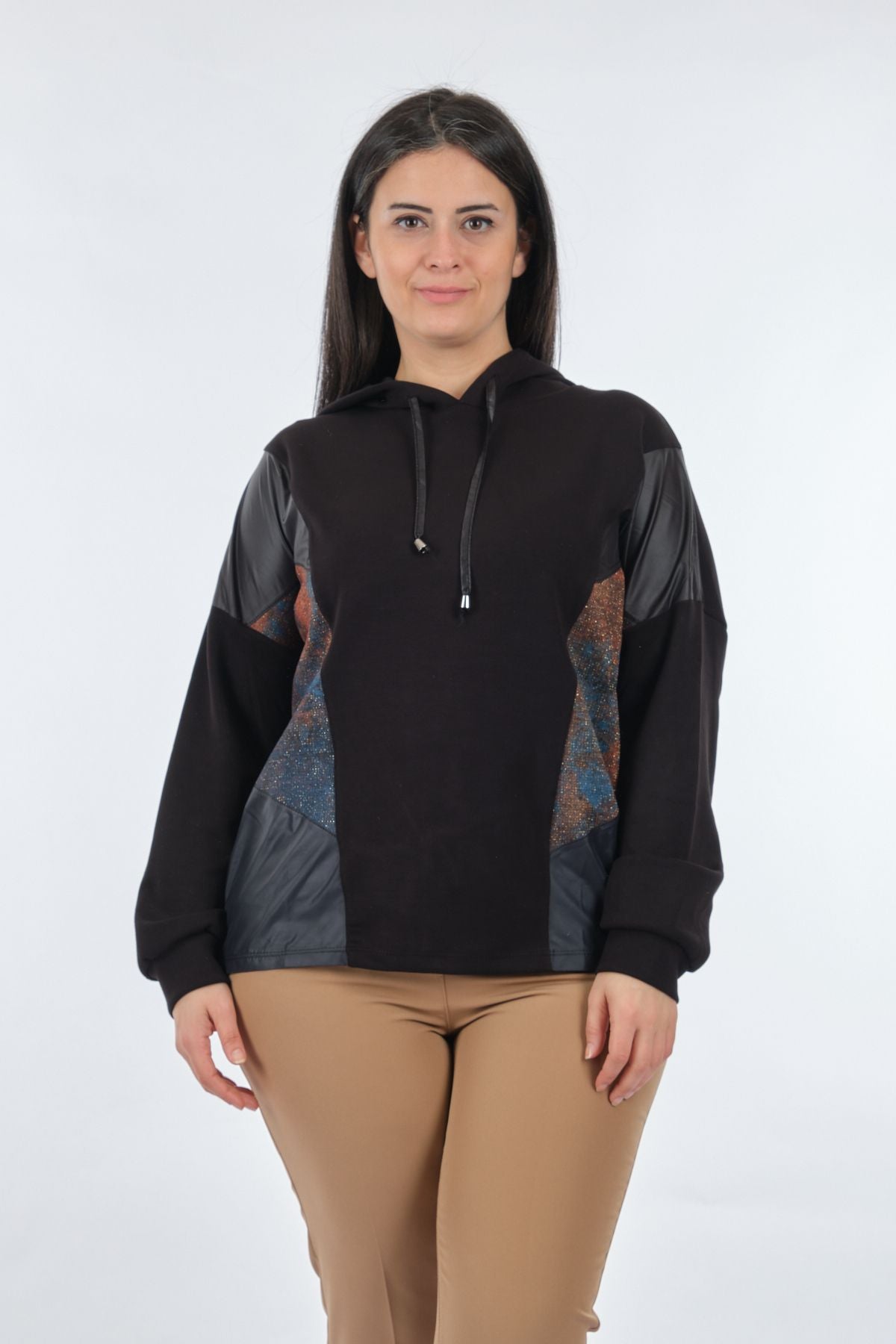 Vedi Oversize Kapüşonlu Kadın Sweatshirt - Deri Detaylı Günlük Translation missing: ar.content.product_image_secondary