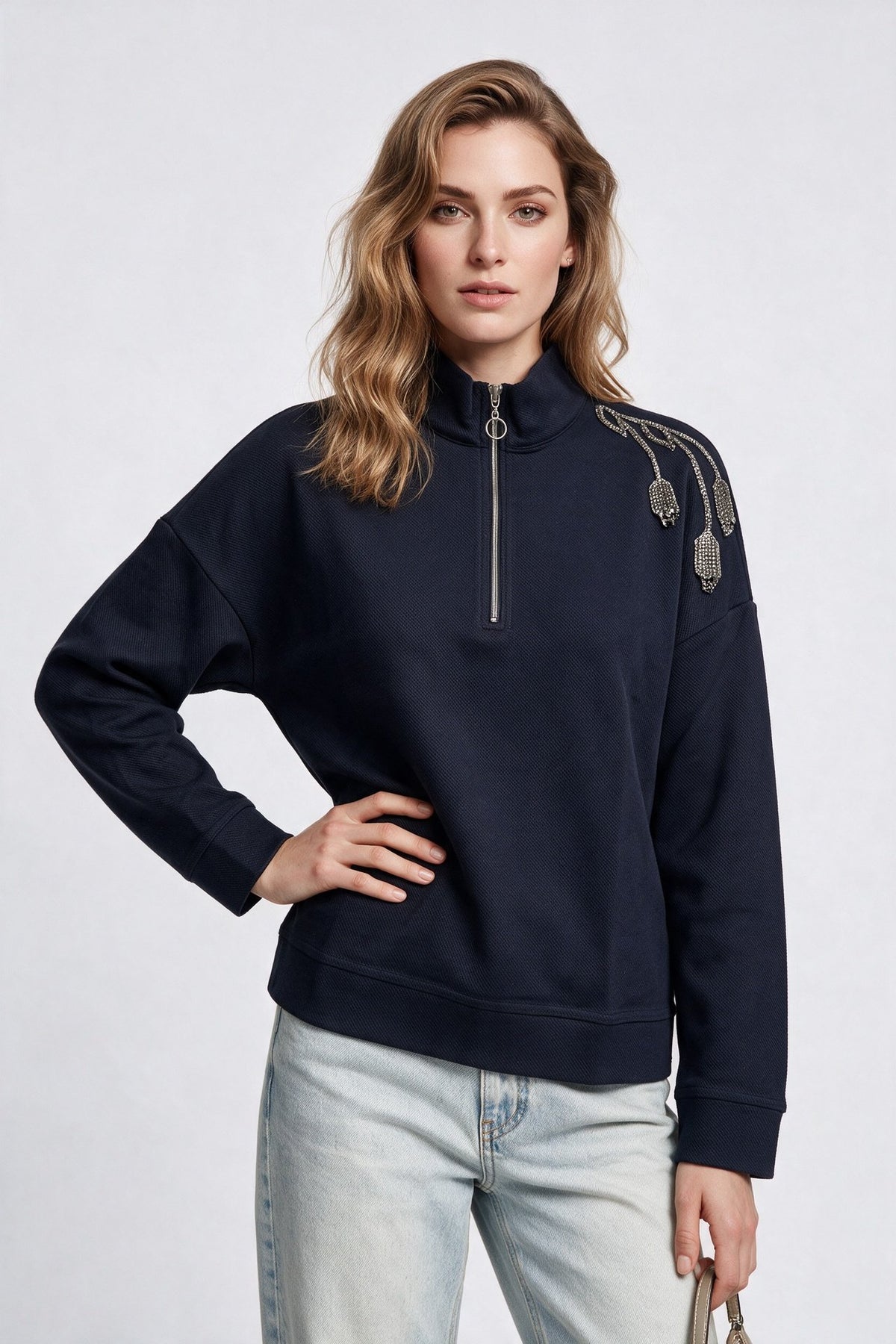 Vedi Kadın Dik Yaka Yarım Fermuarlı Omuz Detaylı Pamuk Karışımlı Sweatshirt Ana görsel