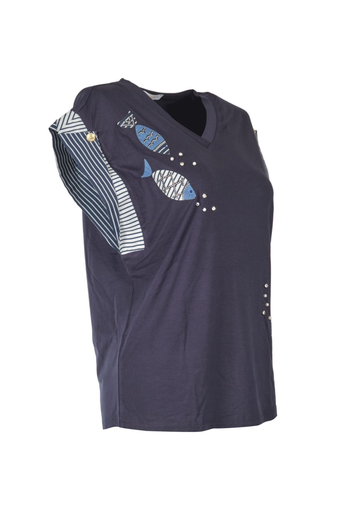 Vedi Minimalist V Yaka Kadın T-Shirt - Balık Desenli - Kısa Kol