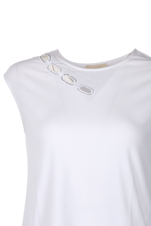Vedi Minimalist Oversize Kadın Tişört - Taş Detaylı Kısa Kol