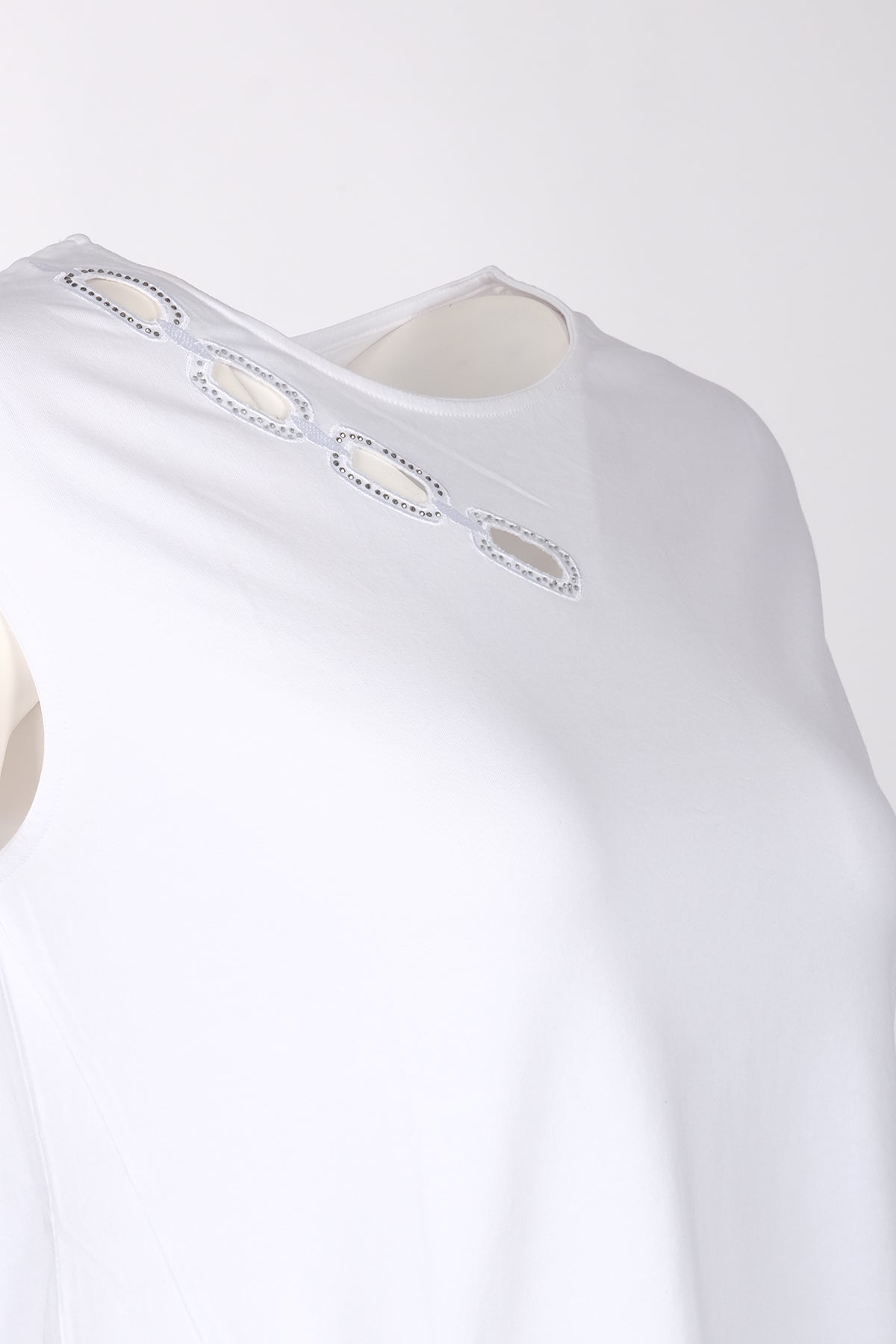 Vedi Minimalist Oversize Kadın Tişört - Taş Detaylı Kısa Kol