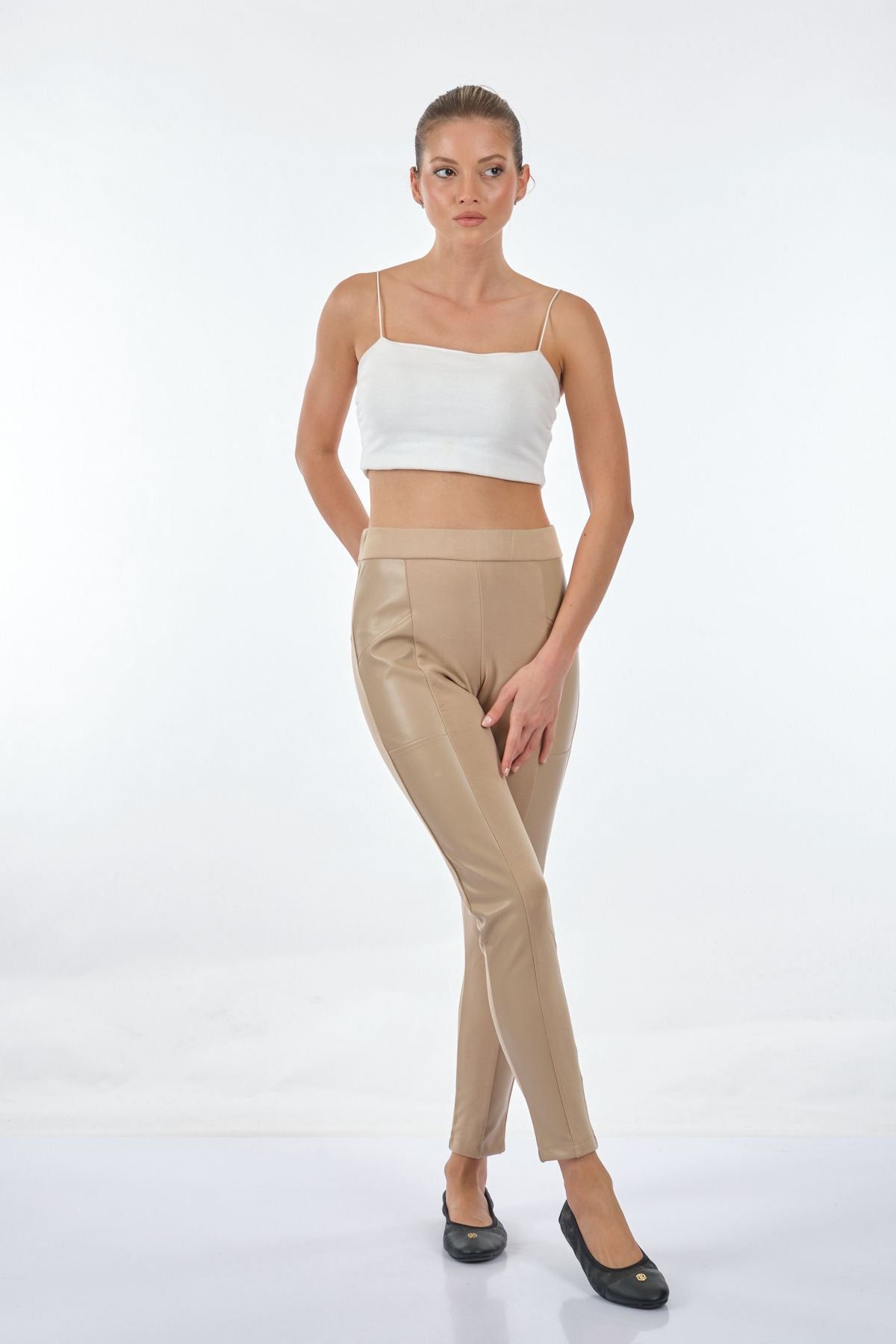 Vedi Minimalist Deri Detaylı Slim Fit Kadın Tayt - Günlük Stil Translation missing: ar.content.product_image_secondary