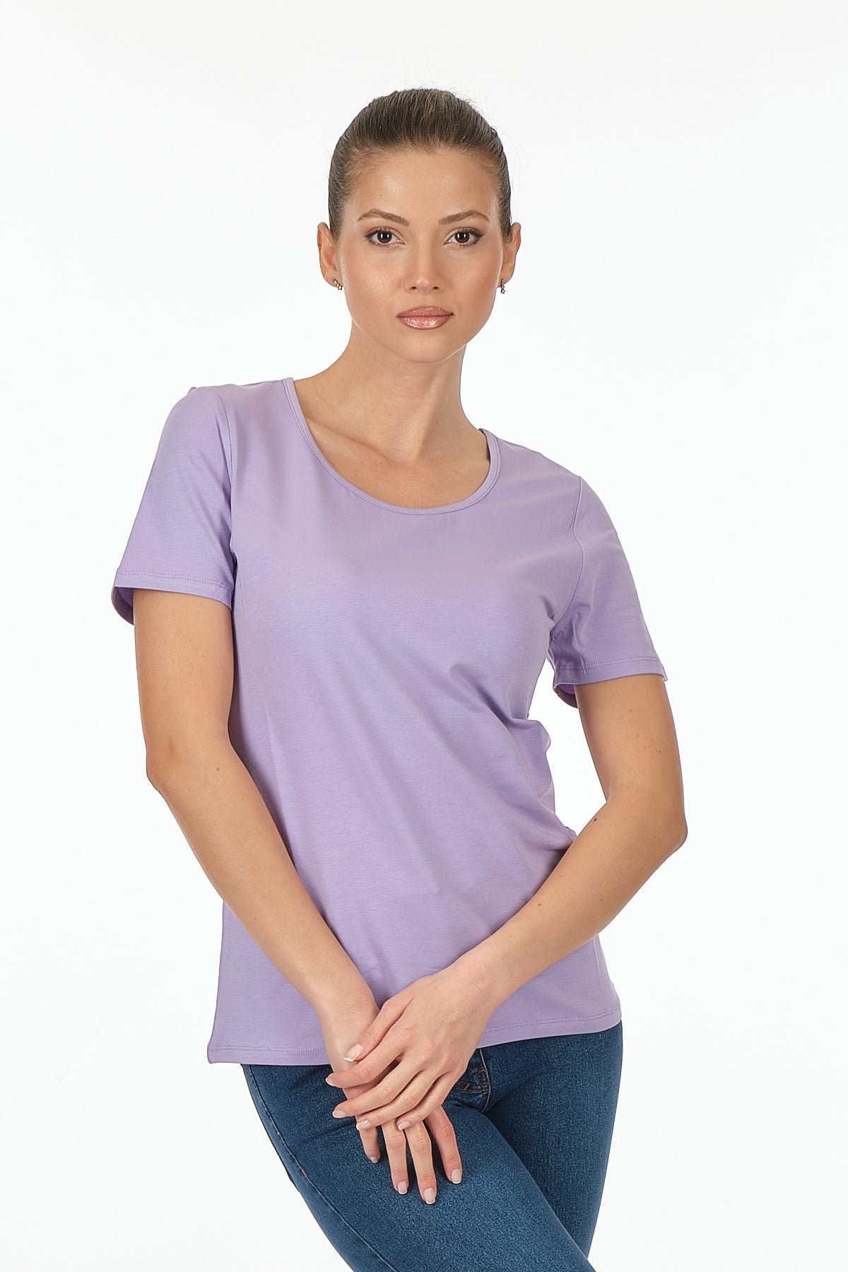 Vedi Kadın Regular Kalıp Yuvarlak Yaka Kısa Kollu Pamuklu Düz T-shirt İkincil görsel