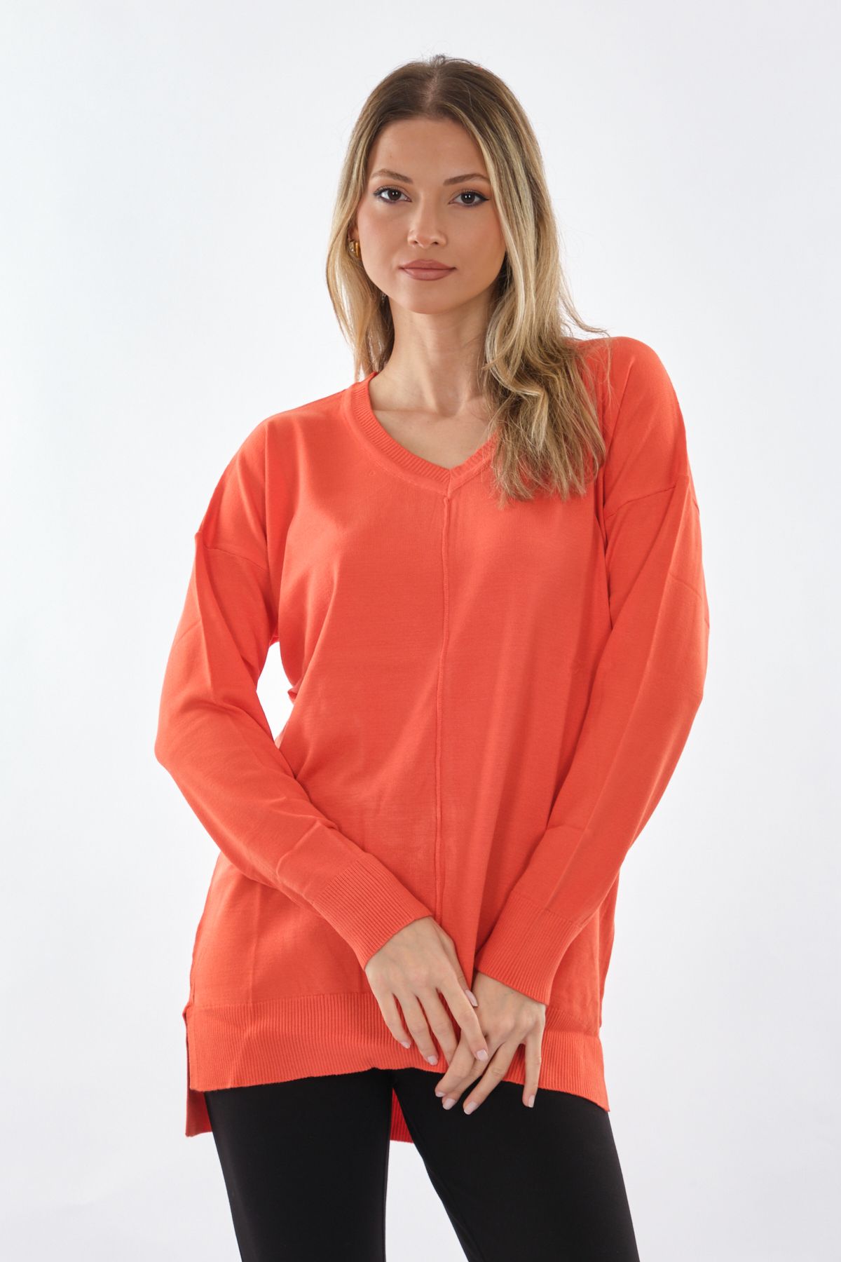 Vedi Oversize V Yaka Uzun Kol Midi Tunik - Günlük Şıklık İkincil görsel