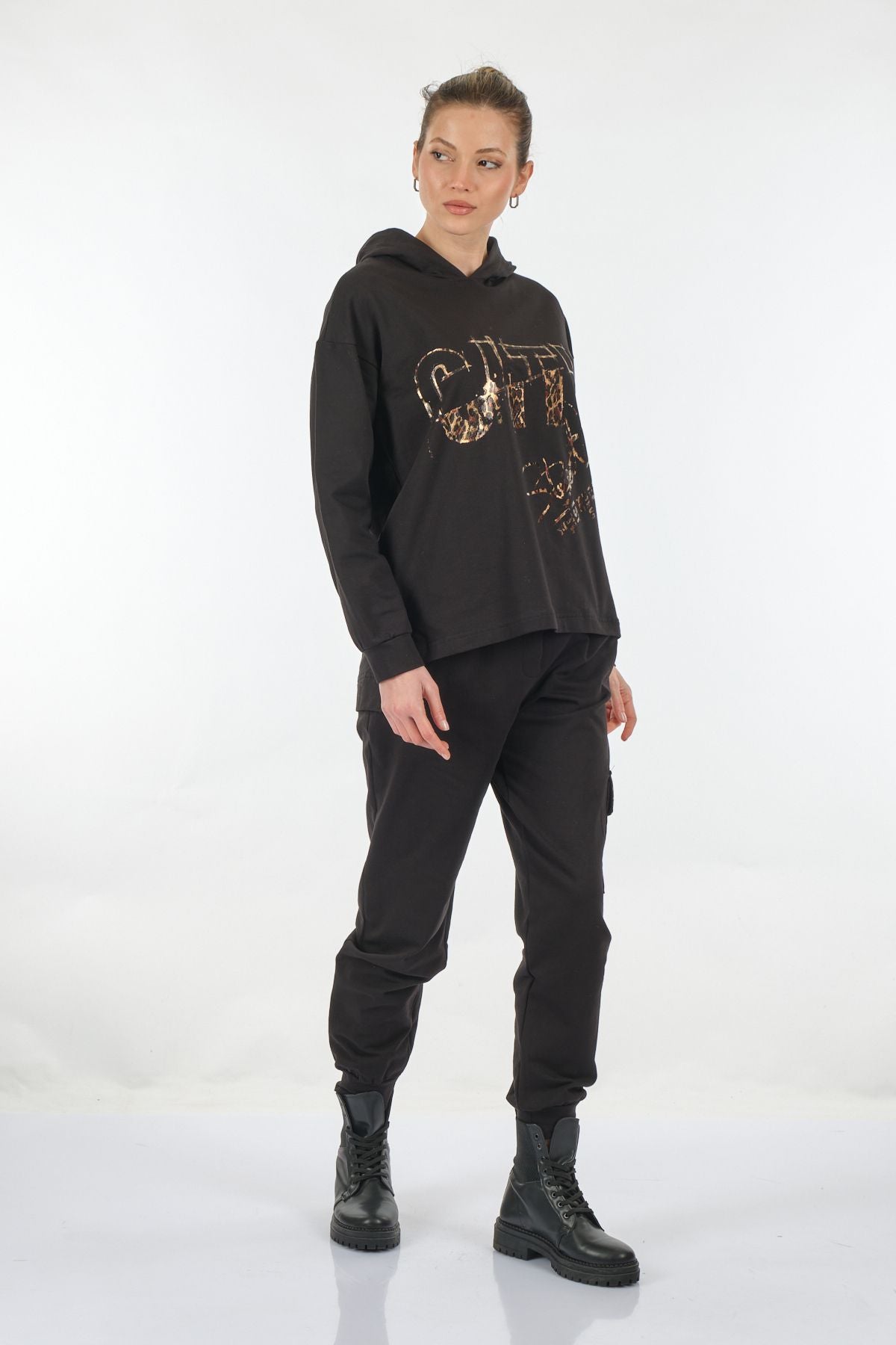 Ysatis Oversize Kapüşonlu Sweatshirt Takım - Leopar Desenli - Günlük