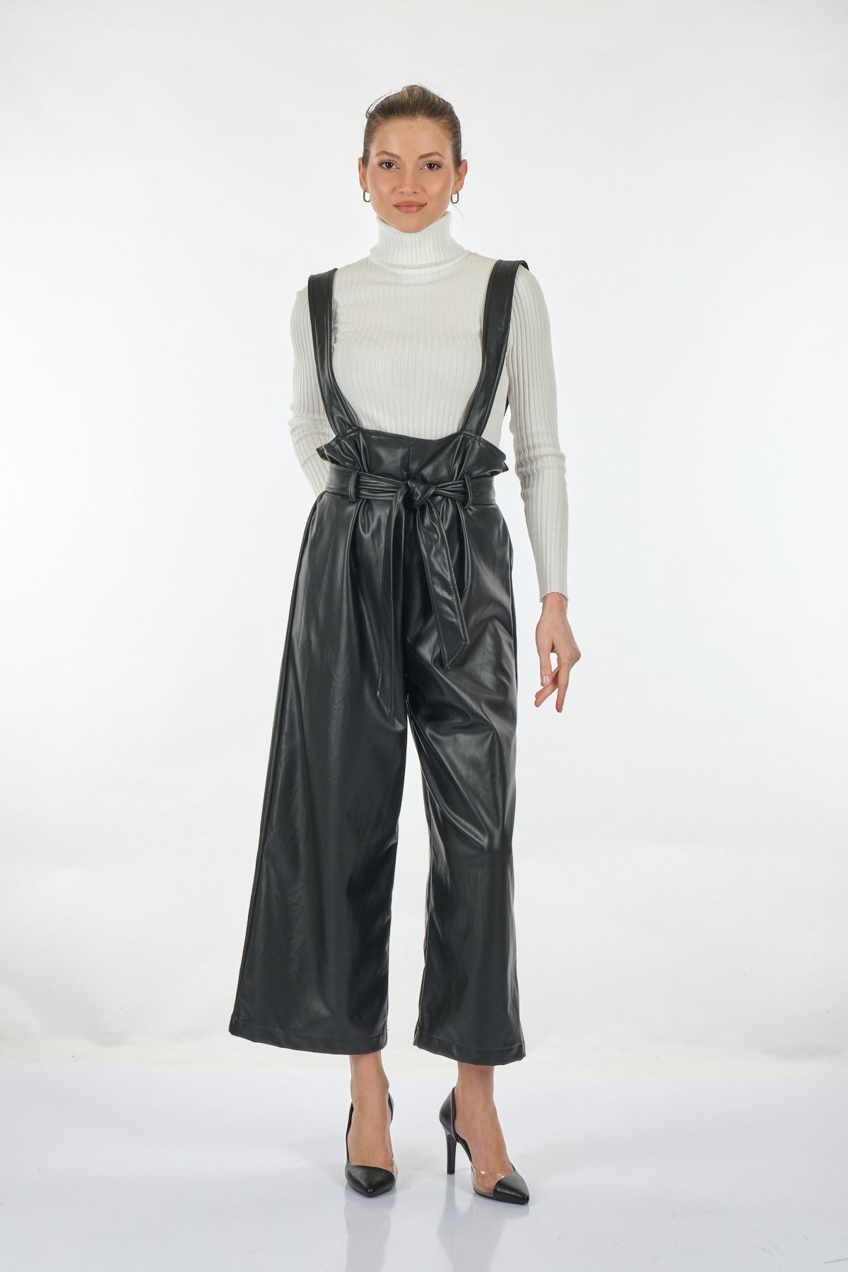 Ysatis Kadın Oversize Deri Look Midi Tulum - Bel Bağlamalı Translation missing: ar.content.product_image_main